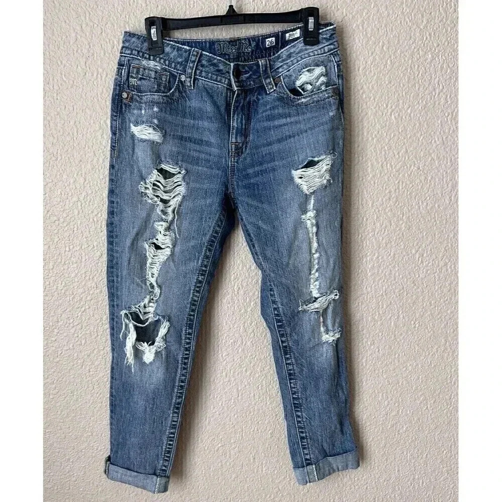 Miss Me Womens Lightwashed Distressed Boyfriend Ankle Denim Jeans Size 26